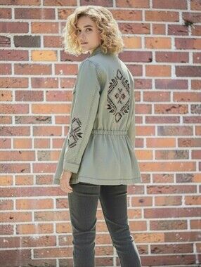 Vintage America Olive Embroidered Utility Jacket Women's Sz L 4 Pocket Front
